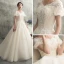 Schöne Champagner Brautkleider / Hochzeitskleider 2018 A Linie V-Ausschnitt Geschwollenes Kurze Ärmel Rückenfreies Applikationen Spitze Perlenstickerei Sweep / Pinsel Zug Rüschen