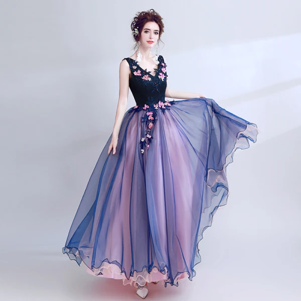 Chic / Beautiful Navy Blue Prom Dresses 2018 A-Line / Princess V-Neck Sleeveless Appliques Lace Pearl Floor-Length / Long Ruffle Backless Formal Dresses