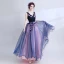 Chic / Beautiful Navy Blue Prom Dresses 2018 A-Line / Princess V-Neck Sleeveless Appliques Lace Pearl Floor-Length / Long Ruffle Backless Formal Dresses