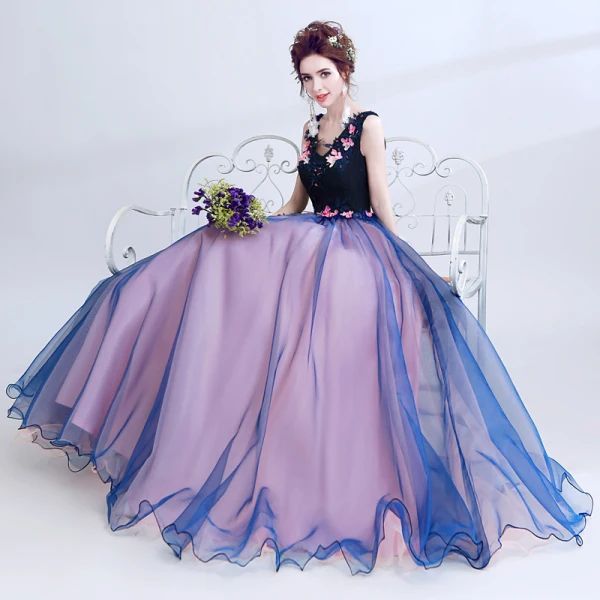 Chic / Beautiful Navy Blue Prom Dresses 2018 A-Line / Princess V-Neck Sleeveless Appliques Lace Pearl Floor-Length / Long Ruffle Backless Formal Dresses