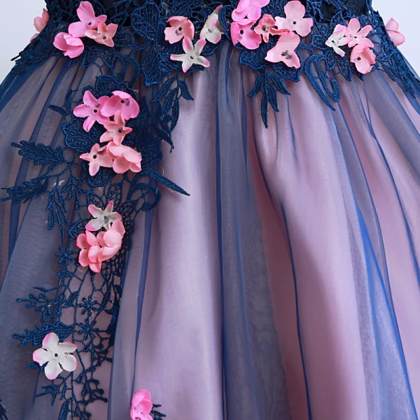 Chic / Beautiful Navy Blue Prom Dresses 2018 A-Line / Princess V-Neck Sleeveless Appliques Lace Pearl Floor-Length / Long Ruffle Backless Formal Dresses