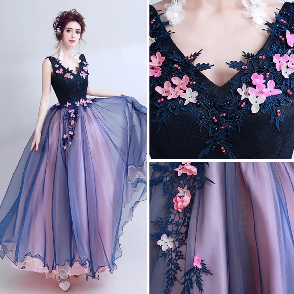 Chic / Beautiful Navy Blue Prom Dresses 2018 A-Line / Princess V-Neck Sleeveless Appliques Lace Pearl Floor-Length / Long Ruffle Backless Formal Dresses