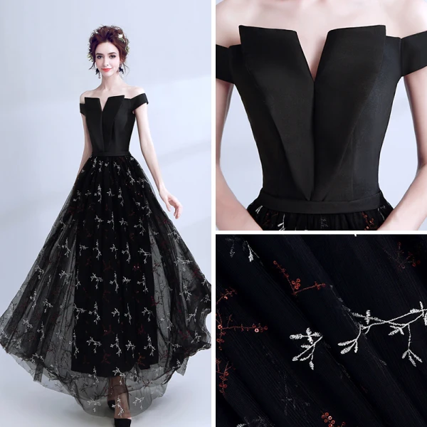 Modern / Fashion Black Prom Dresses 2018 A-Line / Princess Amazing / Unique Off-The-Shoulder Short Sleeve Embroidered Floor-Length / Long Backless Formal Dresses