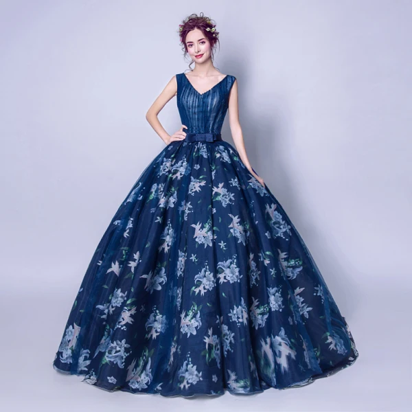 Schöne Marineblau Ballkleider 2018 Ballkleid V-Ausschnitt Ärmellos Perle Schleife Stoffgürtel Drucken Lange Rüschen Rückenfreies Festliche Kleider