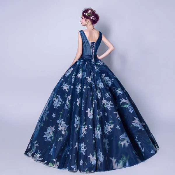 Schöne Marineblau Ballkleider 2018 Ballkleid V-Ausschnitt Ärmellos Perle Schleife Stoffgürtel Drucken Lange Rüschen Rückenfreies Festliche Kleider