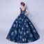 Schöne Marineblau Ballkleider 2018 Ballkleid V-Ausschnitt Ärmellos Perle Schleife Stoffgürtel Drucken Lange Rüschen Rückenfreies Festliche Kleider