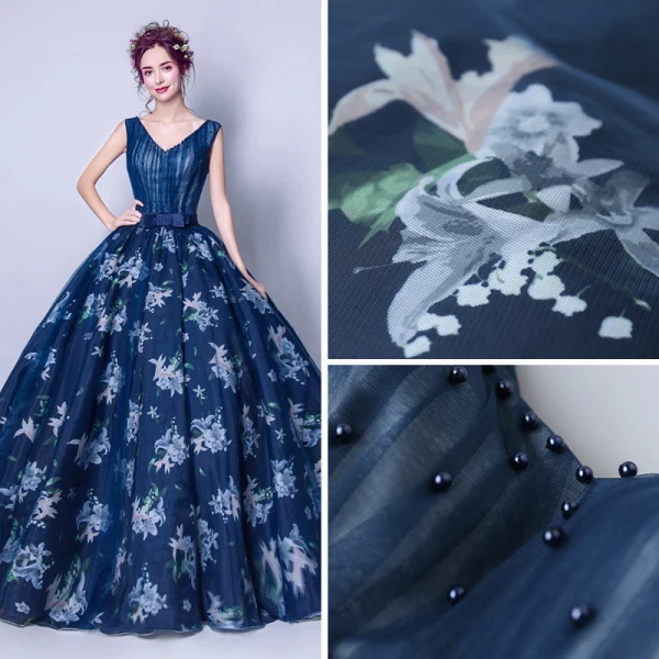 Schöne Marineblau Ballkleider 2018 Ballkleid V-Ausschnitt Ärmellos Perle Schleife Stoffgürtel Drucken Lange Rüschen Rückenfreies Festliche Kleider