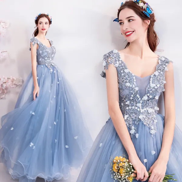 V Neck Backless Ruffles Appliques Tulle Blue Prom Dress V Neck Backless Ruffles Appliques Tulle Blue Prom Dress