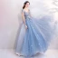 Élégant Bleu Ciel Robe De Bal 2018 Robe Boule V-Cou Sans Manches Appliques Fleur Faux Diamant Cristal Perlage Longue Volants Dos Nu Robe De Ceremonie