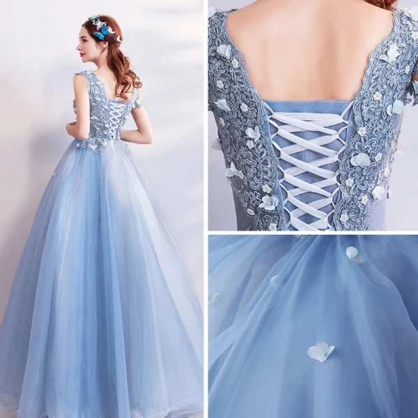 Élégant Bleu Ciel Robe De Bal 2018 Robe Boule V-Cou Sans Manches Appliques Fleur Faux Diamant Cristal Perlage Longue Volants Dos Nu Robe De Ceremonie