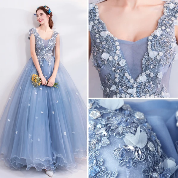 Élégant Bleu Ciel Robe De Bal 2018 Robe Boule V-Cou Sans Manches Appliques Fleur Faux Diamant Cristal Perlage Longue Volants Dos Nu Robe De Ceremonie