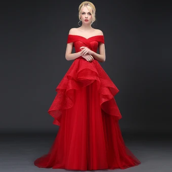 Chic Beautiful Red Prom Dresses 2017 A Line Princess Off The Shoulder V Neck Short Sleeve Sweep Train Ruffle Backless Formal Dresses