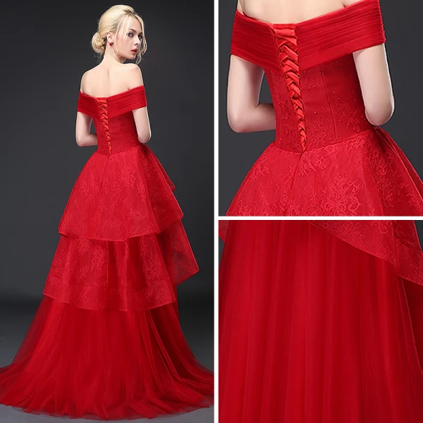 Schöne Rot Ballkleider 2017 A Linie Off Shoulder V-Ausschnitt Kurze Ärmel Sweep / Pinsel Zug Rüschen Rückenfreies Festliche Kleider