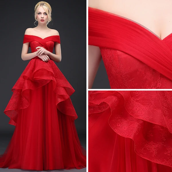 Schöne Rot Ballkleider 2017 A Linie Off Shoulder V-Ausschnitt Kurze Ärmel Sweep / Pinsel Zug Rüschen Rückenfreies Festliche Kleider