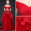 Schöne Rot Ballkleider 2017 A Linie Off Shoulder V-Ausschnitt Kurze Ärmel Sweep / Pinsel Zug Rüschen Rückenfreies Festliche Kleider