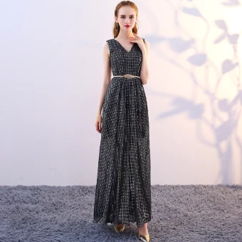Abordable Noire Robe De Soirée 2018 Princesse V Cou Sans Manches Perlage Glitter Tulle Métal Ceinture Longueur Cheville Dos Nu Robe De Ceremonie