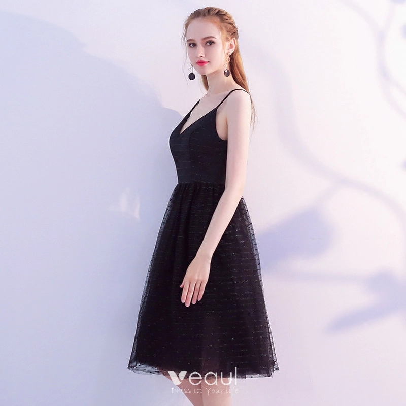 Modest Simple Black Homecoming Graduation Dresses 2018 A-Line Princess Spaghetti Straps