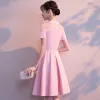 Modest / Simple Candy Pink See-through Homecoming Graduation Dresses 2018 A-Line / Princess Scoop Neck Short Sleeve Short Ruffle Formal Dresses
