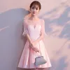 Modest / Simple Blushing Pink See-through Homecoming Graduation Dresses 2018 A-Line / Princess Scoop Neck Short Sleeve Short Ruffle Formal Dresses