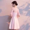 Modest / Simple Blushing Pink See-through Homecoming Graduation Dresses 2018 A-Line / Princess Scoop Neck Short Sleeve Short Ruffle Formal Dresses