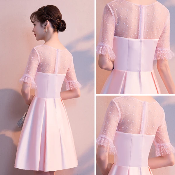 Simple Rougissant Rose Transparentes de retour Robe De Graduation 2018 Princesse Encolure Dégagée Manches Courtes Courte Volants Robe De Ceremonie