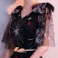 Chic / Belle Noire de retour Robe De Graduation 2018 Princesse V-Cou épaules Noeud 1/2 Manches Appliques Paillettes Métal Ceinture Thé Longueur Volants Dos Nu Robe De Ceremonie