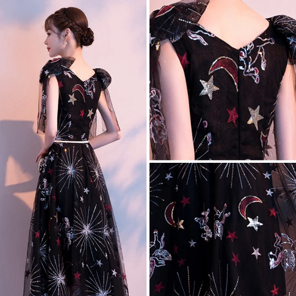 Chic / Belle Noire de retour Robe De Graduation 2018 Princesse V-Cou épaules Noeud 1/2 Manches Appliques Paillettes Métal Ceinture Thé Longueur Volants Dos Nu Robe De Ceremonie