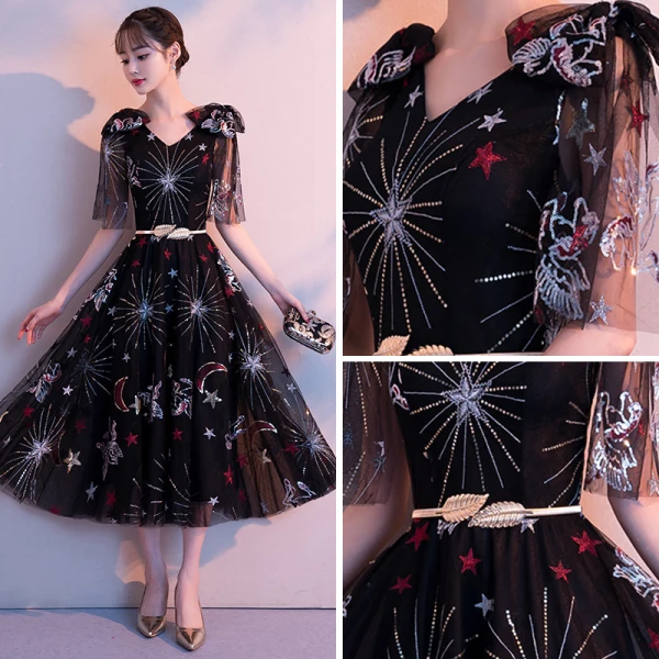 Chic / Belle Noire de retour Robe De Graduation 2018 Princesse V-Cou épaules Noeud 1/2 Manches Appliques Paillettes Métal Ceinture Thé Longueur Volants Dos Nu Robe De Ceremonie