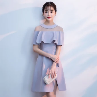 Simple Gris Transparentes De Retour Robe De Graduation 2018 Princesse Encolure Dégagée Manches Courtes Courte Volants Fendue Devant Robe De Ceremonie