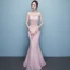 Chic / Belle Rougissant Rose Transparentes Robe De Soirée 2018 Trompette / Sirène Encolure Dégagée Sans Manches Appliques En Dentelle Perlage Longue Volants Dos Nu Robe De Ceremonie