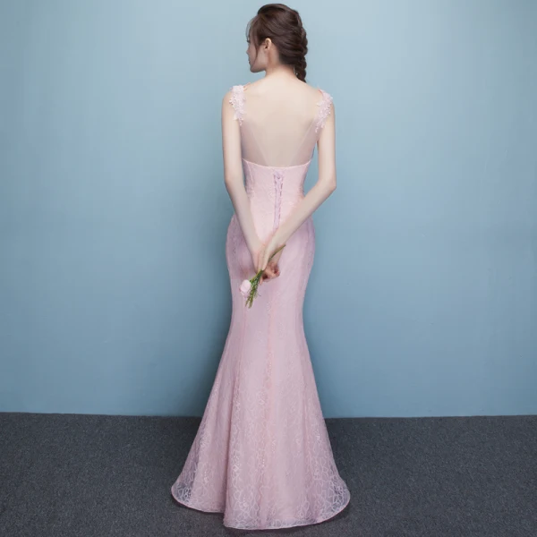 Chic / Belle Rougissant Rose Transparentes Robe De Soirée 2018 Trompette / Sirène Encolure Dégagée Sans Manches Appliques En Dentelle Perlage Longue Volants Dos Nu Robe De Ceremonie