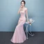 Chic / Belle Rougissant Rose Transparentes Robe De Soirée 2018 Trompette / Sirène Encolure Dégagée Sans Manches Appliques En Dentelle Perlage Longue Volants Dos Nu Robe De Ceremonie