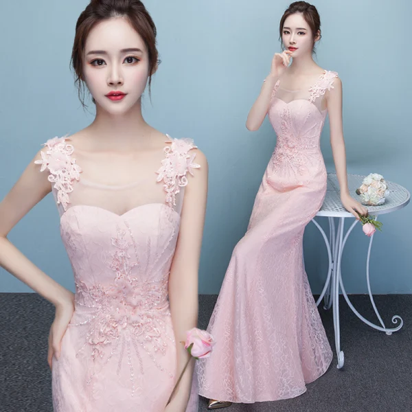 Chic / Belle Rougissant Rose Transparentes Robe De Soirée 2018 Trompette / Sirène Encolure Dégagée Sans Manches Appliques En Dentelle Perlage Longue Volants Dos Nu Robe De Ceremonie