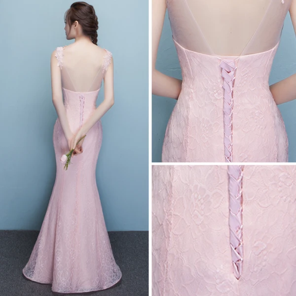 Chic / Belle Rougissant Rose Transparentes Robe De Soirée 2018 Trompette / Sirène Encolure Dégagée Sans Manches Appliques En Dentelle Perlage Longue Volants Dos Nu Robe De Ceremonie