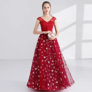 Chic Belle Rouge Robe De Soirée 2017 Princesse Perle V Cou Sans Manches Paillettes Longue Volants Percé Robe De Ceremonie