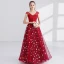 Chic / Beautiful Red Evening Dresses  2017 A-Line / Princess Pearl V-Neck Sleeveless Sequins Floor-Length / Long Ruffle Pierced Formal Dresses