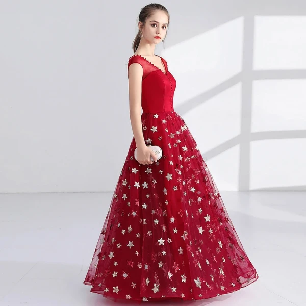 Chic / Beautiful Red Evening Dresses 2017 A-Line / Princess Pearl V-Neck Sleeveless Sequins Floor-Length / Long Ruffle Pierced Formal Dresses