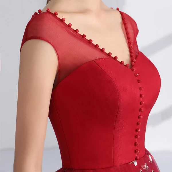 Chic / Beautiful Red Evening Dresses 2017 A-Line / Princess Pearl V-Neck Sleeveless Sequins Floor-Length / Long Ruffle Pierced Formal Dresses