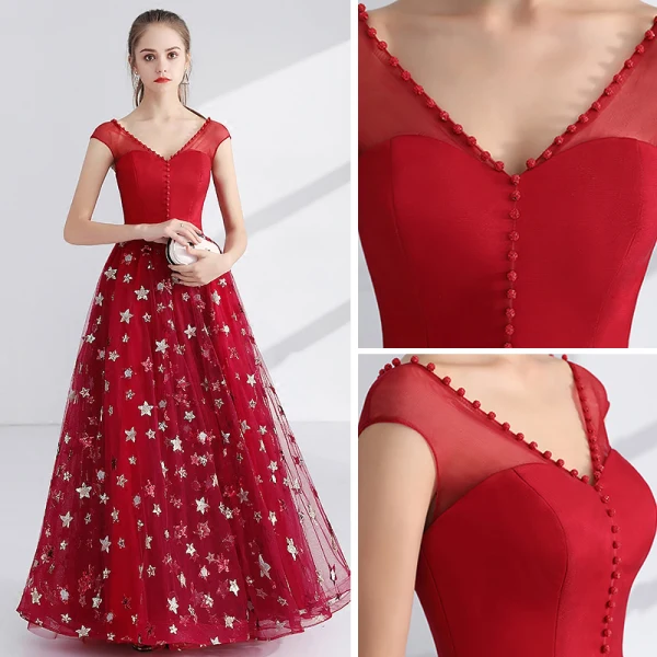 Chic / Beautiful Red Evening Dresses 2017 A-Line / Princess Pearl V-Neck Sleeveless Sequins Floor-Length / Long Ruffle Pierced Formal Dresses