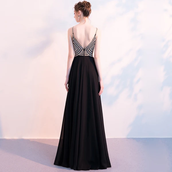 Luxe Noire Chiffon Robe De Soirée 2018 Empire Bretelles Spaghetti Sans Manches Faux Diamant Perlage Longue Volants Dos Nu Robe De Ceremonie
