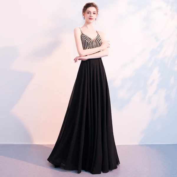 Luxe Noire Chiffon Robe De Soirée 2018 Empire Bretelles Spaghetti Sans Manches Faux Diamant Perlage Longue Volants Dos Nu Robe De Ceremonie
