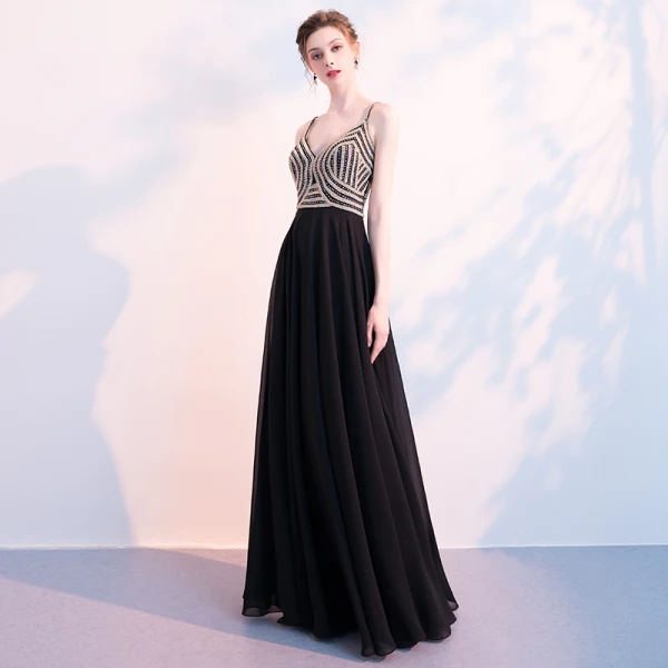 Luxe Noire Chiffon Robe De Soirée 2018 Empire Bretelles Spaghetti Sans Manches Faux Diamant Perlage Longue Volants Dos Nu Robe De Ceremonie