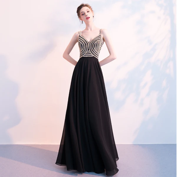 Luxe Noire Chiffon Robe De Soirée 2018 Empire Bretelles Spaghetti Sans Manches Faux Diamant Perlage Longue Volants Dos Nu Robe De Ceremonie