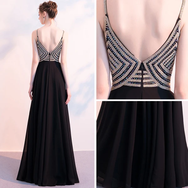 Luxe Noire Chiffon Robe De Soirée 2018 Empire Bretelles Spaghetti Sans Manches Faux Diamant Perlage Longue Volants Dos Nu Robe De Ceremonie