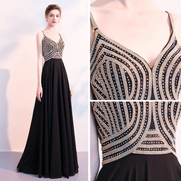 Luxe Noire Chiffon Robe De Soirée 2018 Empire Bretelles Spaghetti Sans Manches Faux Diamant Perlage Longue Volants Dos Nu Robe De Ceremonie