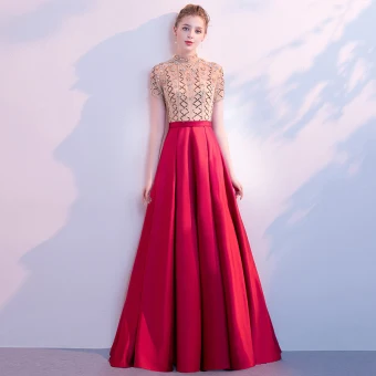 Luxe Rouge Robe De Soirée 2018 Princesse Col Haut Manches Courtes Faux Diamant Perlage Paillettes Longue Volants Robe De Ceremonie