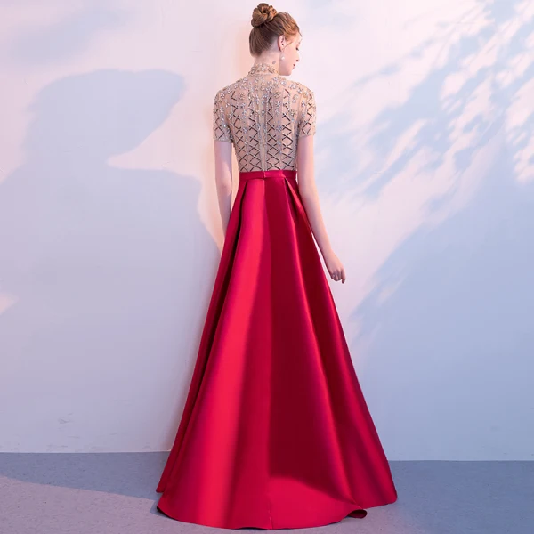 Luxury / Gorgeous Red Evening Dresses  2018 A-Line / Princess High Neck Short Sleeve Rhinestone Beading Sequins Floor-Length / Long Ruffle Formal Dresses