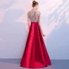 Luxe Rouge Robe De Soirée 2018 Princesse Col Haut Manches Courtes Faux Diamant Perlage Paillettes Longue Volants Robe De Ceremonie