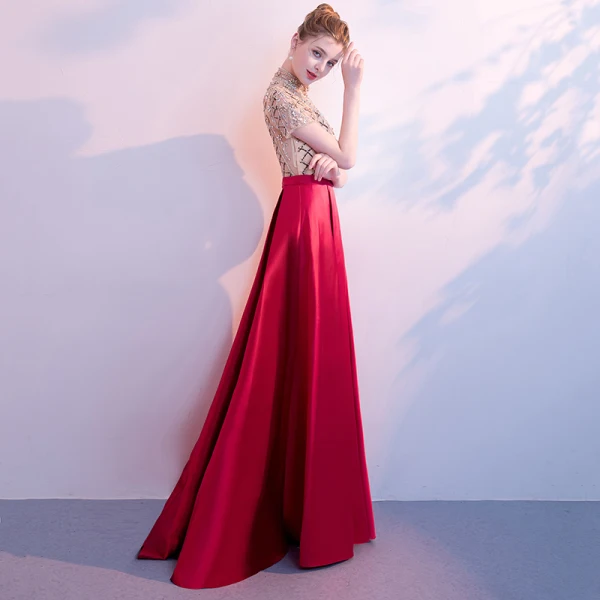 Luxury / Gorgeous Red Evening Dresses  2018 A-Line / Princess High Neck Short Sleeve Rhinestone Beading Sequins Floor-Length / Long Ruffle Formal Dresses