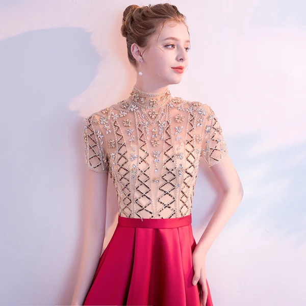 Luxury / Gorgeous Red Evening Dresses  2018 A-Line / Princess High Neck Short Sleeve Rhinestone Beading Sequins Floor-Length / Long Ruffle Formal Dresses